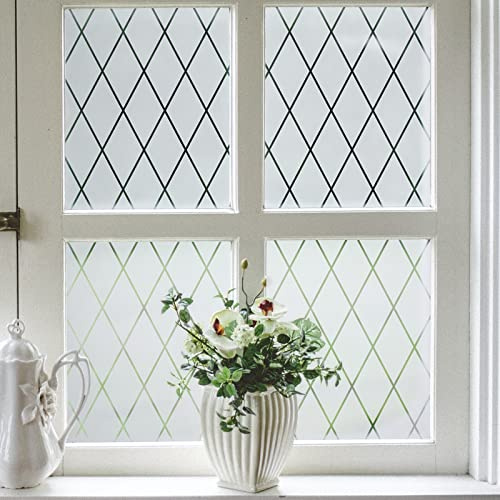 VELIMAX Lattice Frosted Window Film Window Privacy Film Static Cling Window Vinyl Opaque Glass Sticker Non Adhesive Anti-UV 23.6x78.7 inches