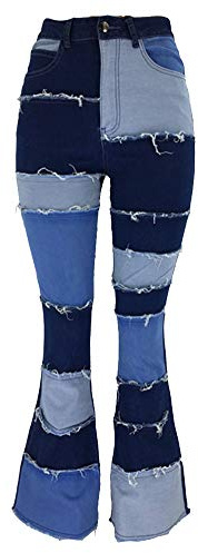 Color Block Jeans da Donna, a Zampa di Elefante, con Motivo Patchwork, a Vita Alta, Patch Flare Push Up Denim Pantaloni Larghi Stile Vintage Blu Scuro 3XL