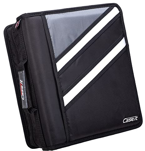 Case-it Carpeta con cremallera en forma de Z, dos carpetas en uno, anillo en D de doble cara de 1.5 pulgadas, múltiples bolsillos, capacidad de 500 páginas, viene con correa para el hombro, negro