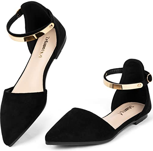 Zelaprox Women's Black Pointed Toe Flats Rhinestone Bow Ankle Strap Ballet Flats Comfortable Slip On Flats Light Weight Suede Dress Shoes Black/Gold Size 9.5