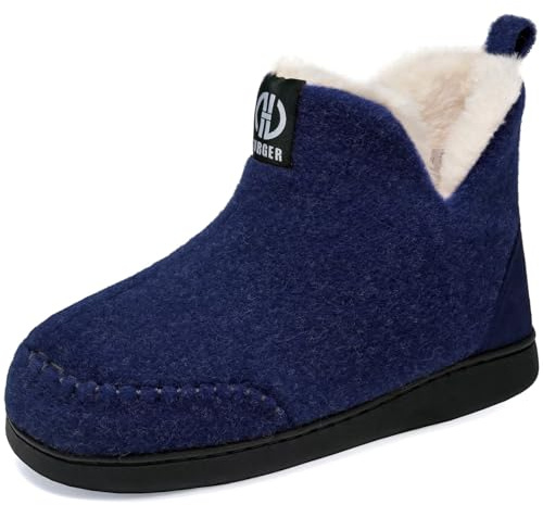 GURGER Chausson Montant Homme Feutre Fourrure Hiver Pantoufles Hautes Bottes Chaussons Femme Bottines Chausson Doublé Chaud Peluche Bleu Foncé 42 43