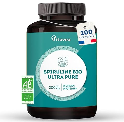 Spiruline BIO Ultra Pure 1500 mg - Sans Excipients, Riche en Protéines, Phycocyanine, Fer, Antioxydants - Immunité, Fatigue - 200 comprimés - Vegan - Fabriqué en France - Vitavea