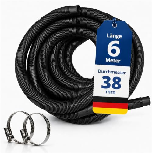HAF Högkvalitativ poolslang 38 mm svart 6 meter för trädgård och pool | solslang inkl. 2 x slangklämmor i rostfritt stål | poolslang | pumpslang – kvalitet: Tillverkad i Tyskland