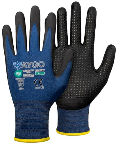 KAYGO MicroFoam Nitrile Coated Work Gloves, 3 Pairs KG19N Seamless Knit Nylon, Micro Dots for Enhanced Grip, Breathable and Durable, Ideal for Automotive, General Assembly, Painting, Blue, L