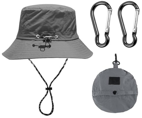 Chapeau Pliable pour Homme et Femme - Imperméable, Mousquetons, Chapeau de Pluie et de Soleil - Gris Foncé, Taille 30-41