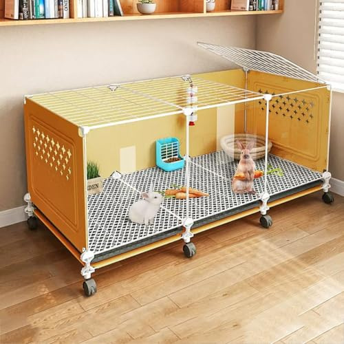 Cunny Cage för Inomhusbruk för Kanin, Gör-det-själv-kaninhydda, Marsvinshus, Genomskinlig Front, Smådjurshus för Marsvinskanin, med Utdragbar Bricka(Yellow,105cm)