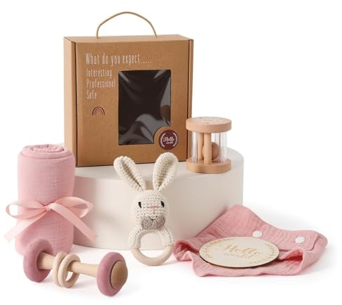 Nyfödd gåva, 6-delat babypresentset flicka pojke – badhanddukar, haklapp, träleksaker, virkad kaninskallra och milstolskort, presentförpackning (rosa)