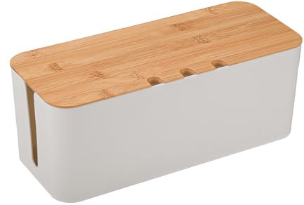 Kabelmanagementbox, Aufbewahrungsbox für Kabel mit Bambusdeckel, 23,5 x 12 x 11,5 cm Cable Management Box, Kabelorganisator Box zum Verstecken und Ordnen von Kabeln, Weiss