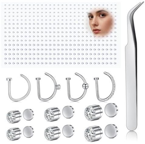 AVYRING Fake Nose Ring & Strass autoadesivi, 18 G in acciaio inox magnetico, clip on per naso per uomo e donna (oro/argento), 1.0 mm, Acciaio inossidabile