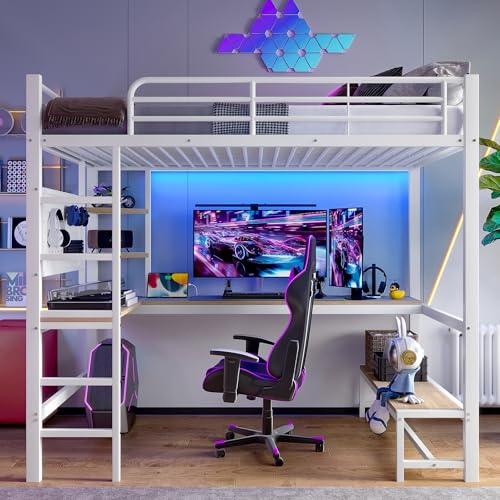 Kebnor Cama alta, marco de hierro, escritorio, barandilla, escalera de tijera, estantes, enchufe USB+Type-C, barra LED, tablero perforado, sin colchón (blanco, 90 x 200 cm)