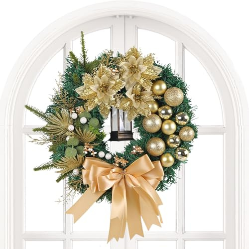 Corona Navideña para Puerta De Entrada - Corona Navideña para Exterior con Luces | Decoración Colgante para Festivales De Temporada Al Aire Libre para Puerta De Entrada, Pared, Chimenea (Dorado)