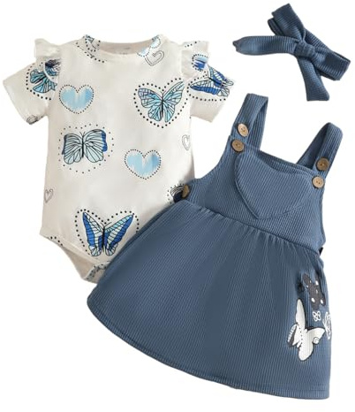 LUVCES Nyfödd flickkjol set kortärmad volangtopp + sött blommigt tryck/björn hängselklänning + pannband 3 st sommarkläder, G: Mörkblå fjäril, 6-12 mois