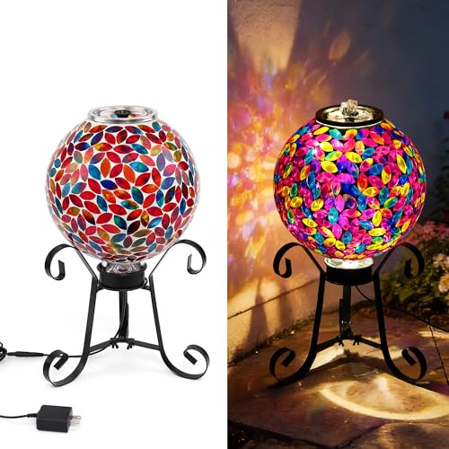 VOREEN Mosaic Glass Fountain, Floor-Standing Lighted Water Feature with Quiet Pump, Indoor/Outdoor Decorative Accent Lighting for Patio Garden Entryway Living Room, 10 Orb, Plug-in Adapter