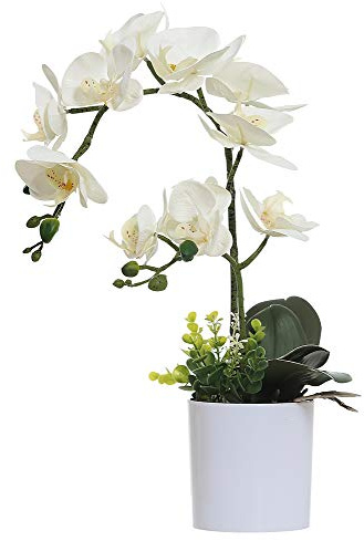 Omygarden Orchidea bianca artificiale in vaso, fiori finti di orchidea in plastica, decorazione per casa, ufficio, matrimonio (bianco 2 mazzi)