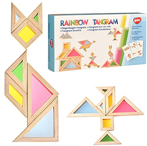 BOHS Tangram Traslucido con Carte Attività Multilingue - Spessore 1 pollice - Blocco Modello Regalo Prescolare - Puzzle da Tavolo Luminoso/Giocattoli con Finestra