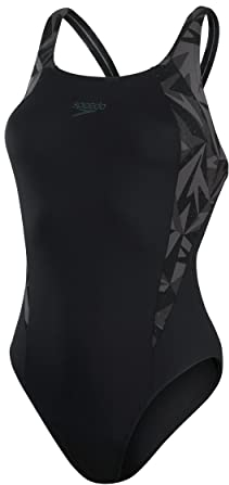 Speedo Hyperboom Splice Damen Muscleback Badeanzug, Schwarz/Grau, 34 EU