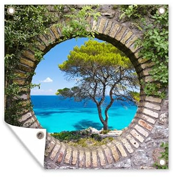 MuchoWow Outdoor-Poster Poster Wanddeko draußen Deko Garten Gartenposter 50x50 cm Meer - Baum - Tropisch - Ausblick