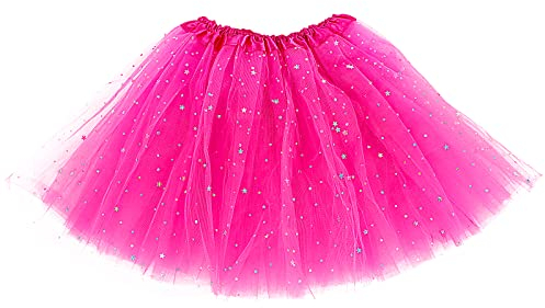 Damen Tüllrock 3 Lagen Tüll Rock mit Pailletten Sternen Adult Teen Tütü Rock Retro 80er Party Halloween Karneval Party Kostüm (Rose Red)