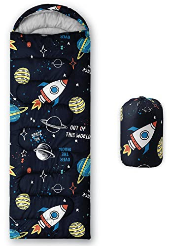 HOSIMA Sleeping Bags for Boys Girls Kids,Rocket Planet Printeded Lightweight Warm Portable Outdoor Indoor Waterproof Cold Resistant Sleeping Bag for Camping Hiking (Rocket)