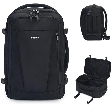 ECOHUB Travel Backpack 18x14x8 Spirit Airlines Personal Item Bag Carry On Backpack 13 Pockets Work Casual Daypack for Men Women Airline Approved Water Resistant Gym Backpack with Charging Port, Black