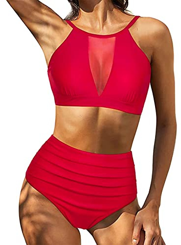 High Waisted 50s Style Bikini Set, Plus Size Bikini Sets with Boyshorts, Tie Sides Thong Triangle Brazilian Women Racer Back Bikini Top with V Cross Bottom Deals Running Hiking