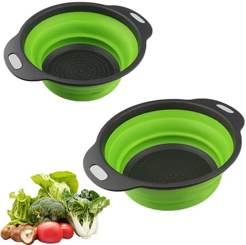 Hisdricus 2 Pièces Passoires Pliables, Passoires de Cuisine Pliables, Panier de Passoire Pliables, Économisez de l'espace de Cuisine, Adapté pour Pâtes, Fruits, Légumes, 2 Tailles (23,5+29 cm) (Vert)