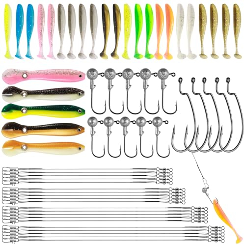 Annyswit 62 Stück Gummifische Angelköder Softbait Set mit Jigköpfe & Offset Haken & Stahlvorfach Hecht Angeln 100mm/70mm T-Tail Schwanz Köder Kunstköder Gummiköder für Zander Barsch Forelle & Döbel