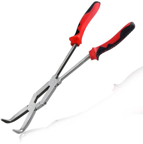 LEONTOOL Long Reach 90 Degree Bent Nose Pliers 13-Inch Dual Pivot Double Joint Serrated Jaw Angled Needle Nose Extra Extended for Narrow Spaces and Limited Areas