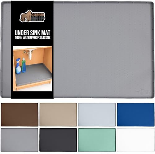 GORILLA GRIP Waterproof Silicone Under Sink Mat with Raised Lip for Kitchen and Bathroom, Cabinet Shelf Liner Stay in Place Mats Dishwasher Safe Drawer Liner, Organizer Tray, 15 x 22 in, Gray