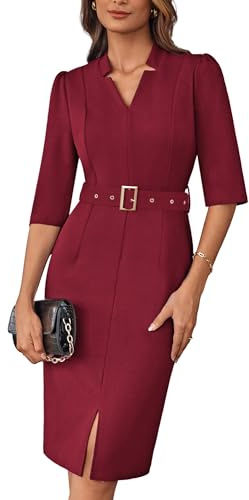 GRACE KARIN Dam 3/4-ärm bodycon midi-klänning elegant v-ringad smal passform affärer klänning med bälte