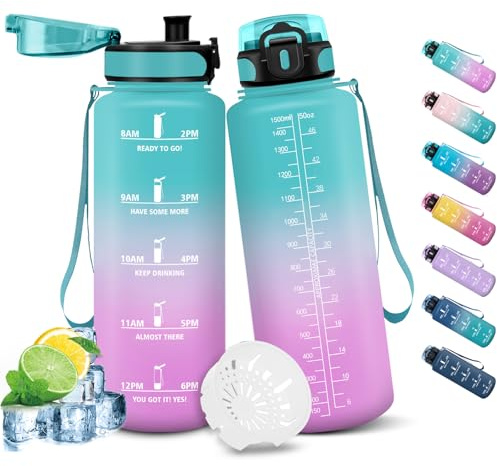 HoneyHolly Botella Agua, Motivacional 1,5 Litro, Cantimplora Gimnasio, Marcador de Tiempo, Cantimplora, Prueba de Fugas, Botella de Agua, Reutilizable, Water Bottle para Escuela Camping Fitness