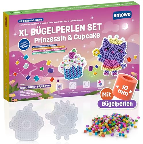 Smowo® 10 mm Basi e Perline da Stirare Mondo delle Fiabe Principessa e Cupcake – Kit Creativo con 2 Basi, Perline e Modelli – Grandi Basi Maxi per Bambini dai 3 Anni