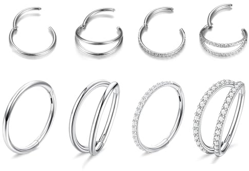 xolear 4 Stück 18G Nasenring Silber Dünn mit Geschenkbox, 316L Septum Piercing Chirurgenstahl, Titanstahl Hoop Nasenring Piercing, Nasenpiercing Ring Set Geschenke für Männer Frauen, 8 mm (Silber)