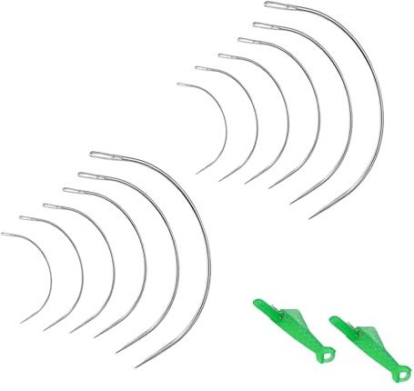 Conjunto de 14 Piezas Agujas Curvadas,12 Piezas Aguja Curva Tapiceria C Tipo, Agujas Coser Cuero, Incluye 2 Enhebrador para Máquinas de Coser, para Coser Reparar Alfombras Cuero Lona Tejer Peluca