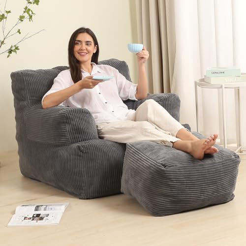 BestRoyal Comfy Gaint Bean Bag Chair with Ottoman, Huge Bean Bag Armchair for Adults and Teens, Comfy Boneless Chair Lounge for Reading Bedroom, Dark Grey