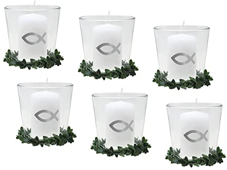 ZauberDeko Set: 6X Votivglas 6X Kerzen Fisch Silber mit Kerzenring Kommunion Konfirmation Tischdeko