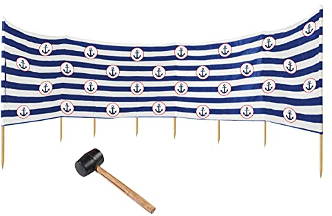 Brise-vue pour plage, jardin, lac, mer - Protection contre le vent - 10 m de long - Avec maillet en caoutchouc - Bandes bleues et blanches - Ancre [120]