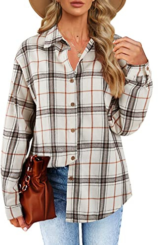 Women's Long Sleeve Plaid Shirts Flannel Collared Button Down Shacket Casual Rolled Up Boyfriend Blouse Tops Beige