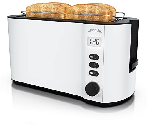 Arendo - Toaster Edelstahl Langschlitz 4 Scheiben - Doppelwandgehäuse - Integrierter Brötchenhalter - Bräunungsgrade 1-6 - Brotzentrierung – automatisch Abschaltung – Display mit Restzeitanzeige