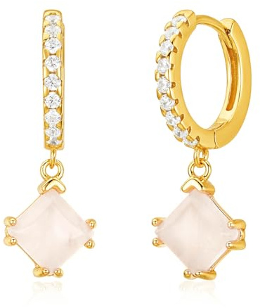 Edelstein Ohrringe Silber 925. Creolen mit Mondstein oder Rosenquarz Anhänger und Zirkonia