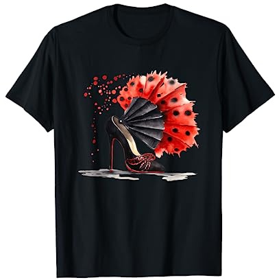 Flamenco Shoes High Heel Pumps black Hand Fan Red Polka Dots T-Shirt