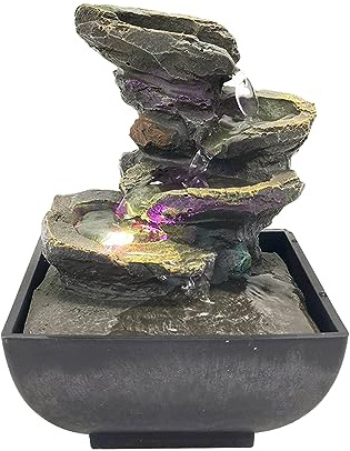 GWZiehory Indoor Tabletop Fountain Water Fountain with Light and Natural Waterfall Sounds for Desktop, Spa and Home Décor, 4-Tier Small Desktop Fountain for Leisure and Relax Zen Meditation
