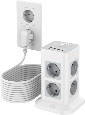 TESSAN 8 Fach Mehrfachsteckdose mit USB C und 3 USB A, Verlängerungskabel 10M Verteilersteckdose, Steckdosenleiste Überspannungsschutz, Mehrfachstecker mit Schalter für Zuhause, Steckdosenturm 3600W