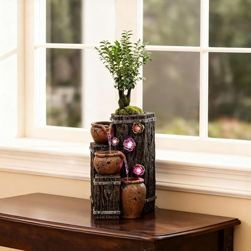 MAOCHI Tabletop Water Fountain, Woodgrain Succulent Growing Fountain with 5 LED Color Changing Lights, Meditation Desk Water Decorative Home Decor, Office Decor or House Warming Gifts new Home