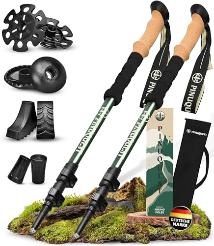 Pinuquest Wanderstöcke Teleskop Aluminium/Carbon - Für 95-200 cm Körpergröße, Trekkingstöcke mit ergonomischem Kork Griff & 4 Aufsätzen für jedes Gelände, Nordic Walking Stöcke (Aluminium - Grün)