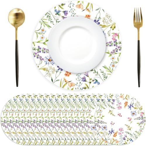 Lot de 50 Sets de Table en Papier Rond, Floral végétal Sets de Table Papier, Ø 34 cm, Printemps et été décoration pour Cuisine,Vacances, fêtes