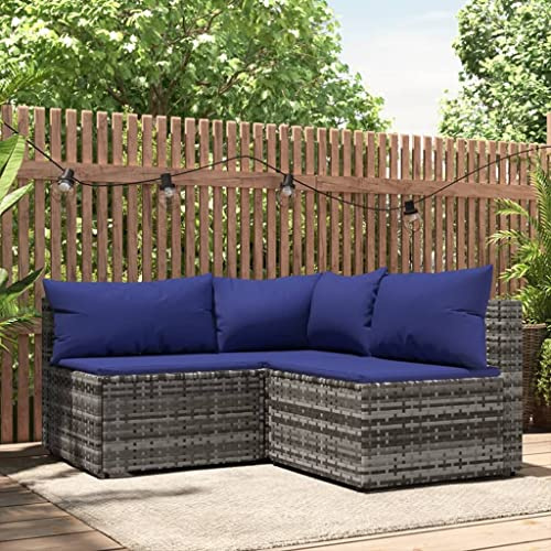 Hommdiy Gartenmöbel Set Balkonmöbel 3-TLG. Garten-Lounge-Set mit Kissen Poly Rattan Grau und Blau Eckteil + 2X Mittelteil