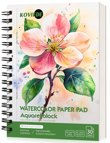 KOVIEDE Bloc de papier aquarelle 100% coton A5 - Grain fin, 300 g/m², reliure spirale, carnet de croquis aquarelle de qualité professionnelle pour adultes et enfants