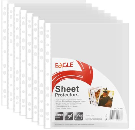 100 Pack A4 Clear Sheet Protectors – Top Loading Plastic Sleeves with 11-Hole Punch for Ring Binders, Transparent Binder Pockets for Document Filing
