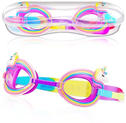 QYJMLH Unicorno Occhialini da nuoto per bambini,Specchio da nuoto arcobaleno unicorno, Occhiali da Piscina Trasparenti Antiappannamento,per bambini dai 3 ai 14 anni con regolazione rapida